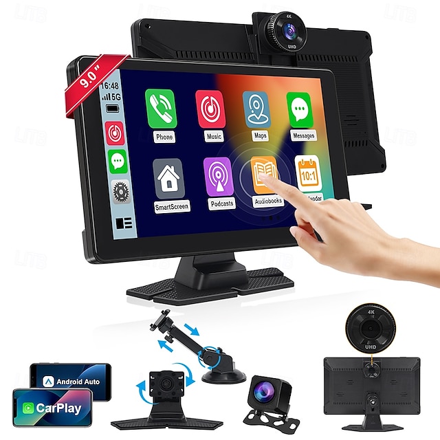  מסך נייד 4k לרכב מסך מגע hd 9 אינץ' אלחוטי לרכב משחק עם מצלמת גיבוי שליטה קולית fm wifimirror link עבור apple carplay/android auto