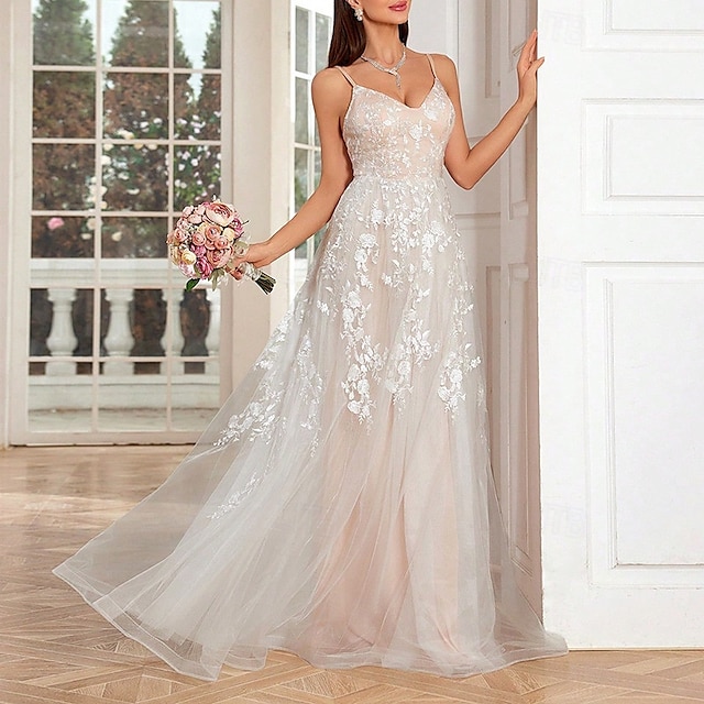  Kleine weiße Kleider Hochzeitskleider A-Linie V-Ausschnitt Ärmellos Bodenvoll Tüll Brautkleider Mit bestickter floralem Spitze Kleid