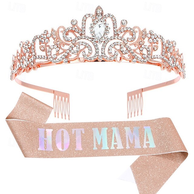  Kit de banda y diadema para decoración de baby shower, banda de mamá sexy verde salvia con diadema de corona de cristal, cinturón de etiqueta de cinta dorada para regalo de maternidad y decoraciones