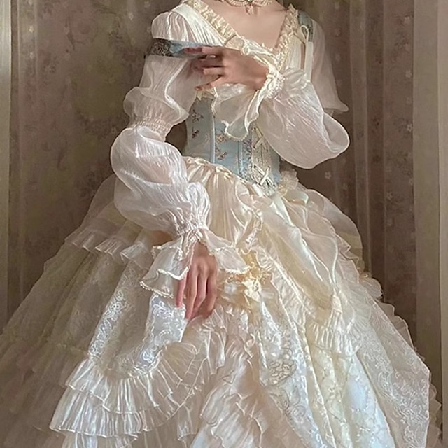  Sweet Lolita Medieval Renaissance Midi Dress Corset Outfits Lady Princess Lace Fancy Dress Women's Royal Halloween Carnival Masquerade LARP Ren Faire Adults' Dress Corset Spring & Summer