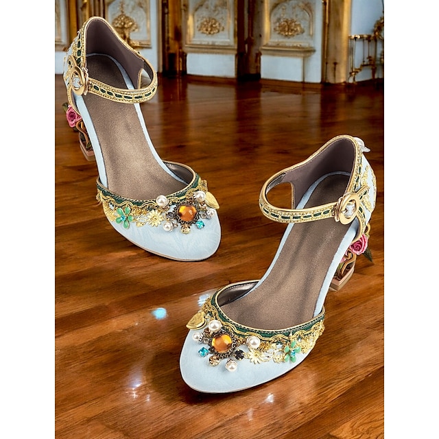  Escarpins baroques vintage Mary Jane des années 1920 pour femmes – élégants escarpins bleu clair ornés de perles et de détails floraux pour les mariages, les fêtes et les occasions spéciales