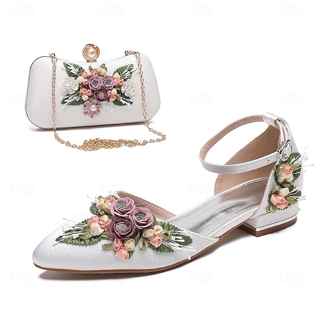  chaussures plates blanches brodées de fleurs avec pochette assortie – chaussures de mariage et de mariée élégantes pour femmes