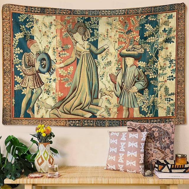  Tkanina średniowieczna Tkanina z epoki średniowiecza Sztuka gotycka Duża tkanina Murals Dekoracja Fotografii Tło Zasłona Dom Sypialnia Salon Dekoracja Dworzanie w ogrodzie różanym Pani i dwóch