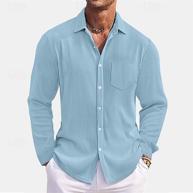  Voor heren Overhemd Zomer overhemd Normaal shirt Strand hemd Overhemd met knopen Zwart Wit Rood Donker Marine Hemelsblauw Lange mouw Effen Revers Vakantie Hawaii Zak Kleding Polyester Modieus Casual