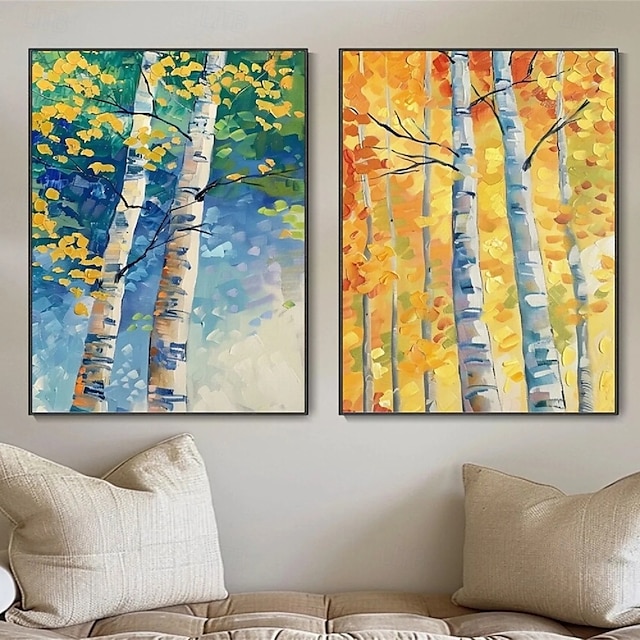  peinture à l'huile de paysage de forêt d'automne peinte à la main peinture à l'huile d'automne art mural ensemble de 2 peintures abstraites beiges sur toile une paire de peinture de paysage de texture
