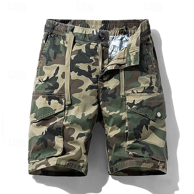  Herren Cargo-Shorts Shorts mit Camouflage-Muster Shorts Sommershorts Kordelzug Elastischer Bund Mehrere Taschen Tarnung Komfort tragbar Knielang Outdoor Sport Täglich Mode Lässig Blau Khaki