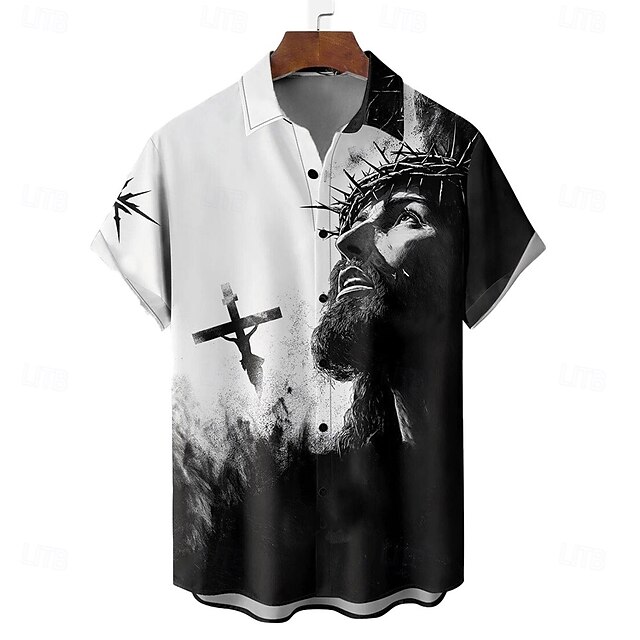 Easter Men's Templar Cross Jesus Shirt Casual Shirt Button Up Shirt Short Sleeve Vintage Retro Vacation Holiday Festival Summer Spring Turndown 3D Print Collared Shirts White4