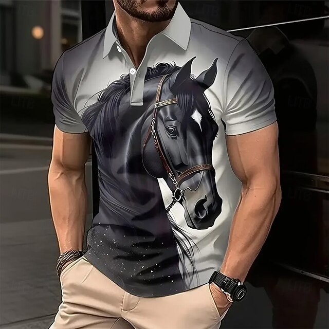 Kentucky Derby Men's Horse Polo Short Sleeve Polo Shirts Collared Shirts Casual Outdoor Sports Daily Wear 3D Print Summer Spring Fall Gray4