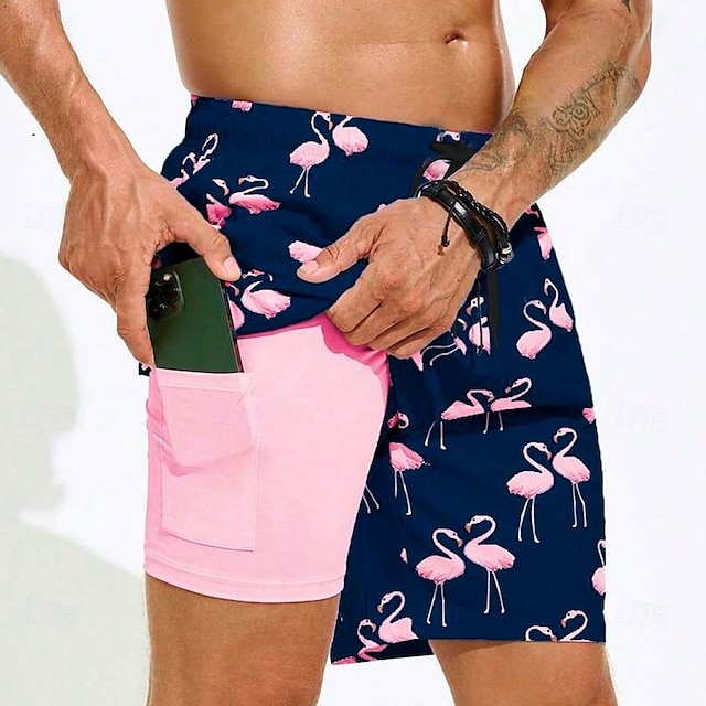  Men's Flamingo Bird Lined Shorts 2 in 1 Board Shorts Swim Shorts Mid Waist Hawaiian Vacation Holiday Beach Wear Side Pockets With Compression Liner Elastic Drawstring Waist Designer Clothing Apparel