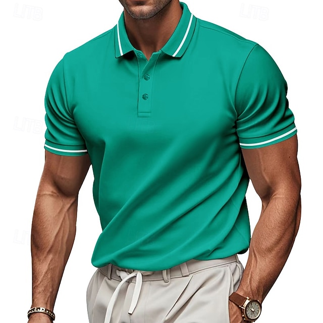  Homens Pólo Camisa de golfe O negócio Casual gola pólo com nervuras Manga Curta Moda Básico Côr Sólida Tecido Botões Verão Primavera & Outono Normal Preto Branco Rosa claro Vermelho Azul Marinha Azul