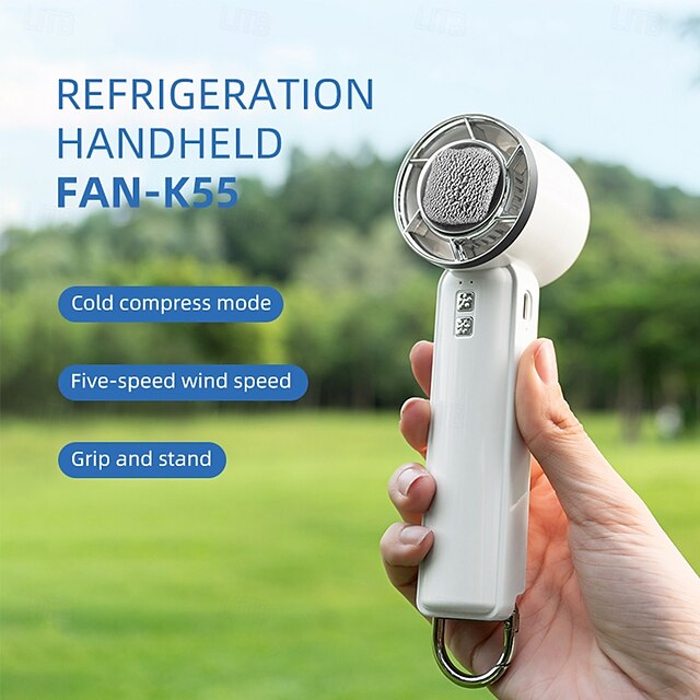  Ventilateur portable pliable à main et de table mode compresse froide réglages du vent à 5 vitesses rechargeable par USB-C mousqueton intégré base antidérapante mode double refroidissement et