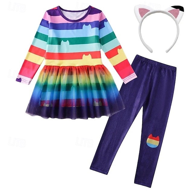  3 Pieces Kids Girls' Stripe Pants Suit Set Long Sleeve Fashion Outdoor 4 years+ Summer Rainbow Set Rainbow Set+Hairband Black White Set+Hairband