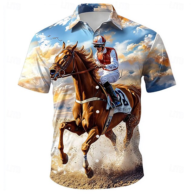 Kentucky Derby Men's Horse Racing Run for the Roses Shirt Button Up Shirt Short Sleeve Vintage Retro Holiday Festival Summer Spring Turndown 3D Print Funny Kentucky Derby Shirts Blue4