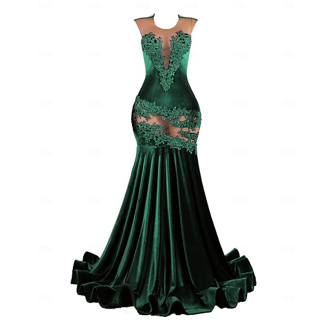  Robe de soirée sirène  trompette élégante robe formelle de bal traîne de cour manches courtes col ras du cou sequins avec appliques de perles