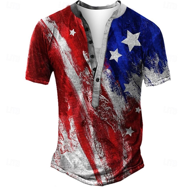  Męskie Amerykańska flaga USA Podkoszulek Koszula Henley Koszulki Krótki rękaw Designerskie Podstawowy Klasyczny Na zewnątrz Codzienny Sport Lato Szary Henley Koszulka Henley