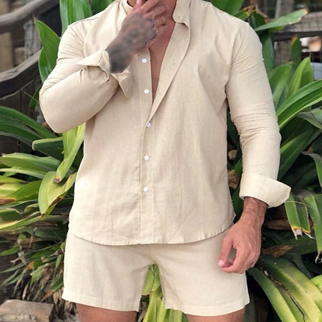 Per uomo Camicia Camicia di lino Camicia casual Camicia in cotone e lino Camicia con Bottoni Semplice Vacanza Streetwear Rosa Viola Albicocca Manica Lunga Collo alla coreana Primavera Abbigliamento