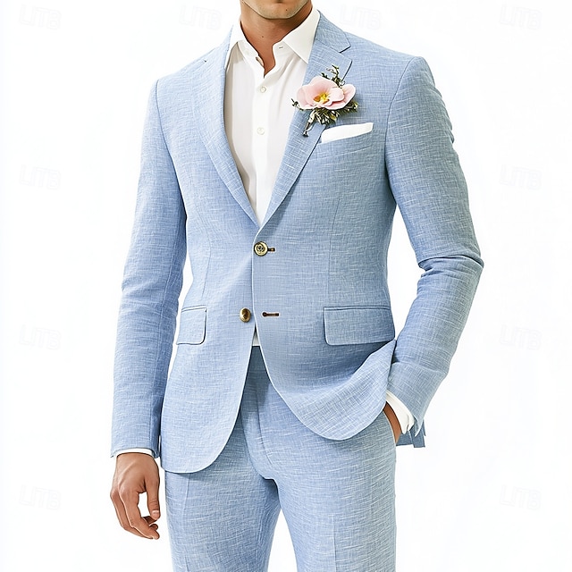  Herren Lässig Strandhochzeit Leinenanzüge Gekerbtes Revers Himmelblau Mode Party Einfarbig Standard Passform 2-teilig Einreihige Zwei-Knopf-Jacke
