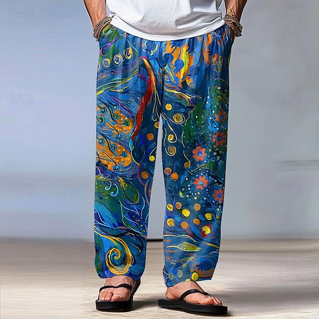  Herren Blumendruck Blumen Hose Baggy-Hosen Freizeithose Mittlere Taille Vintage-Retro Outdoor Urlaub Ferien Kordelzug Elastischer Bund Weites Bein Sommer Frühling 3D-Druck Blau Braun