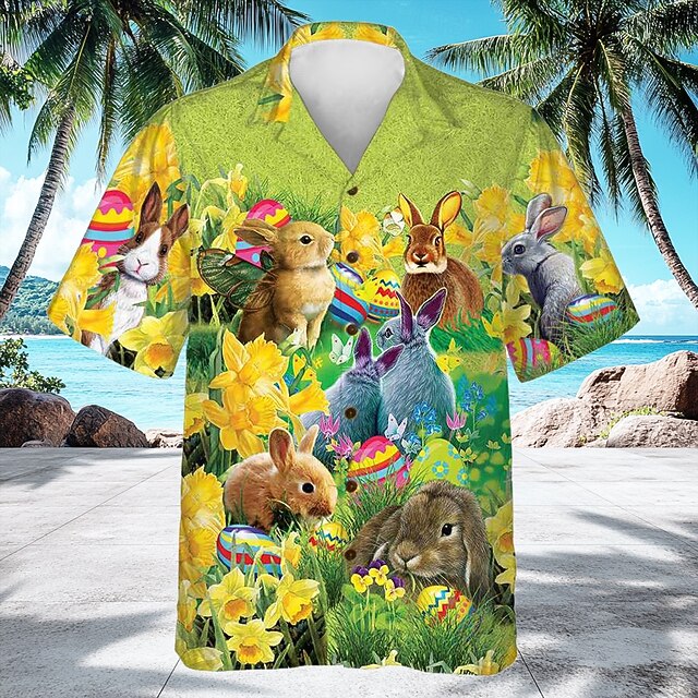 Easter Men's Bunny Floral Print Easter Egg Shirt Cuban Collar Shirt Button Up Shirt Short Sleeve Vintage Retro Holiday Festival Summer Spring Camp Collar Shirt 3D Print Green4