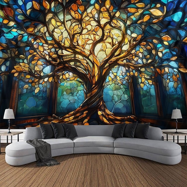  Levenboom Hangend Wandtapijt Wanddecoratie Groot Wandtapijt Muurschildering Decor Fotografie Achtergrond Dekbed Gordijn Huis Slaapkamer Woonkamer Decoratie Glas-in-loodkathedraal