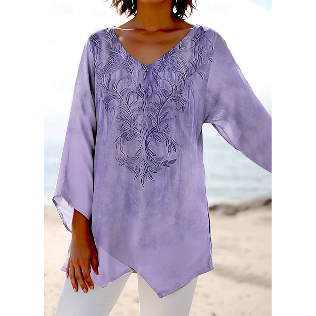 Womens Blusa de Manga Larga Dobladillo Asimétrico Gráfica Floral