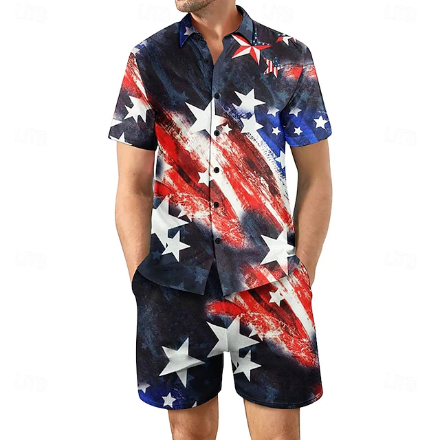 American Independence Day Men's American US Flag 2pcs Shirts Sets Summer Tops Short Sleeve Short Pants Turndown Sports & Outdoors Casual Daily Outdoor Daily Festival Outfit 3D Print Summer Black4
