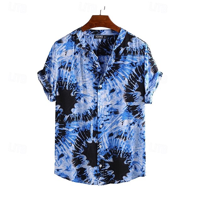 Men's Shirt Summer Shirt Casual Shirt Beach Shirt Button Up Shirt Blue Short Sleeve Graphic Standing Collar Vacation Hawaiian Clothing Apparel Polyester Fashion Casual Comfortable3