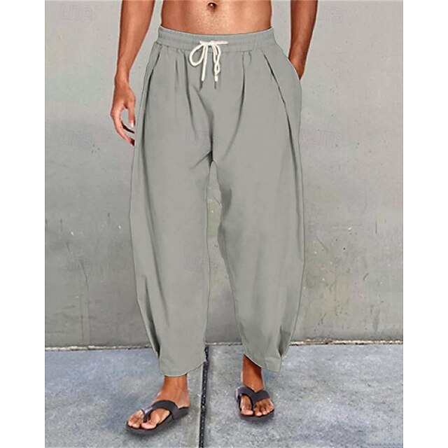 Men's Linen Pants Trousers Summer Pants Beach Pants Harem Pants Pocket Drawstring Elastic Waist Plain Comfort Breathable Vacation Daily Holiday Hawaiian Boho Black White 13