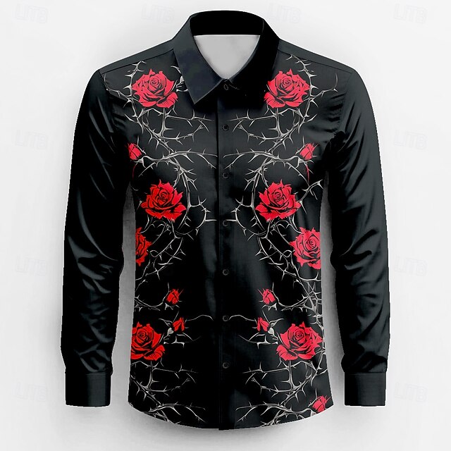 Kentucky Derby Men's Floral Print Halloween Costumes Day of the Dead Shirt Button Up Shirt Long Sleeve Vintage Retro Holiday Festival Summer Spring Turndown 3D Print Funny Kentucky Derby Shirts Black4