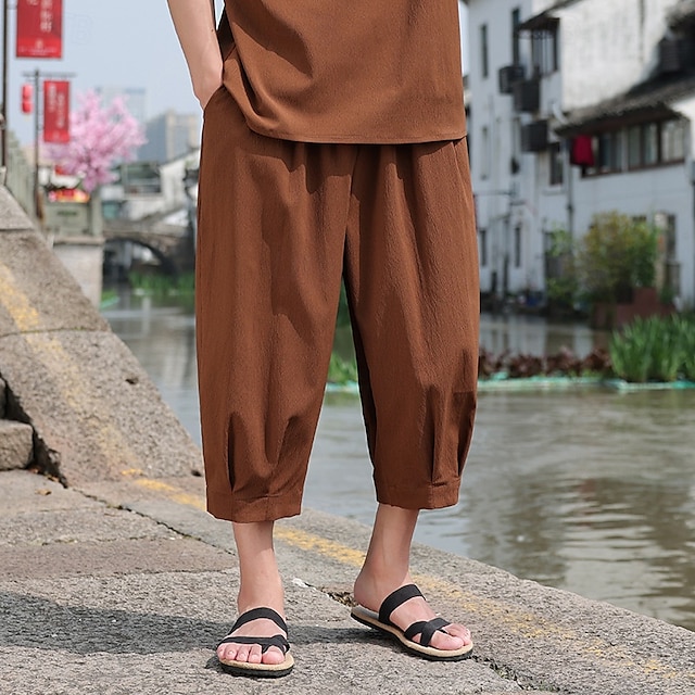  Men's Capri Pants Shorts Linen Shorts Summer Shorts Beach Shorts Drawstring Elastic Waist Baggy Plain Comfort Breathable Calf-Length Outdoor Casual Daily Fashion Retro Vintage Black White