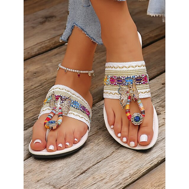  Damen-Sandalen im Bohemian-Stil mit Perlenbesatz – handgefertigte, bestickte flache Sandalen mit Zehenring für Strand, Sommer und Freizeit