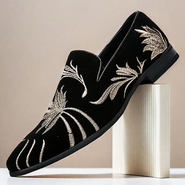  chaussures de bal pour hommes - mocassins en velours noir avec motif de blé brodé doré pour les occasions formelles
