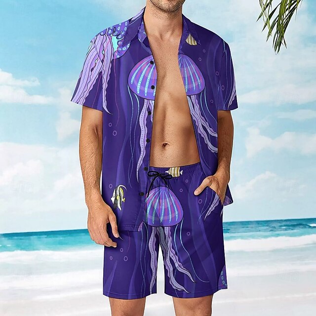 Herren Quallen 2St Hemden-Sets Sommeroberteile Kurzarm Kurze Hosen Umlegekragen Resort Outdoor Lässig Urlaubskleidung 3D-Druck Sommer Violett