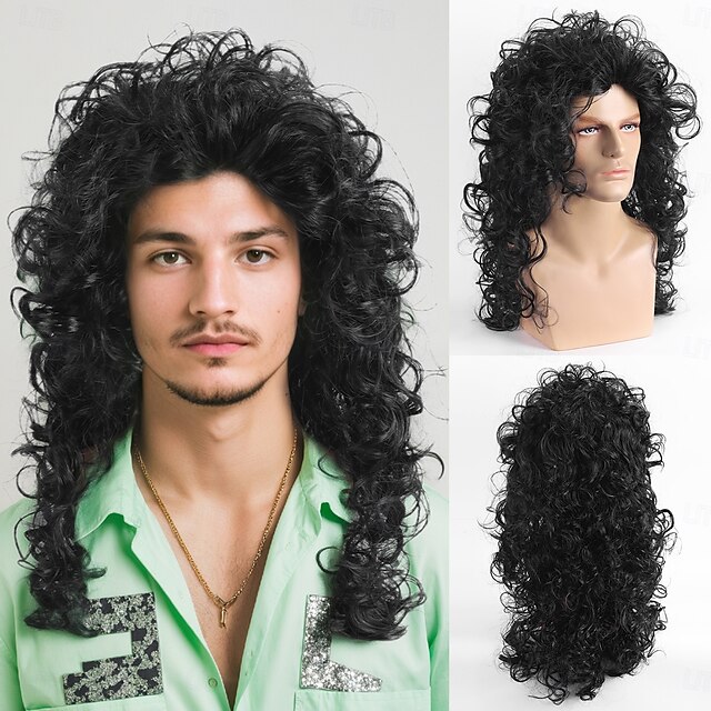  Synthetische Perücke lockig wellig gestufter Haarschnitt mit Pony maschinell gefertigte Perücke 24 Zoll A1 synthetisches Haar Frauen klassische bequeme Farbverlauf Schwarz Halloween Perücken