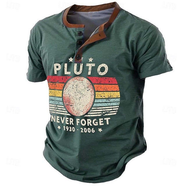  Hombre Nunca olvides a Plutón Camiseta Henley Shirt Manga Corta Impresión 3D Retro Antiguo Casual Deporte Casual Diario Primavera verano Azul Marino Marrón Verde Trébol Gris Henley Camiseta Henley