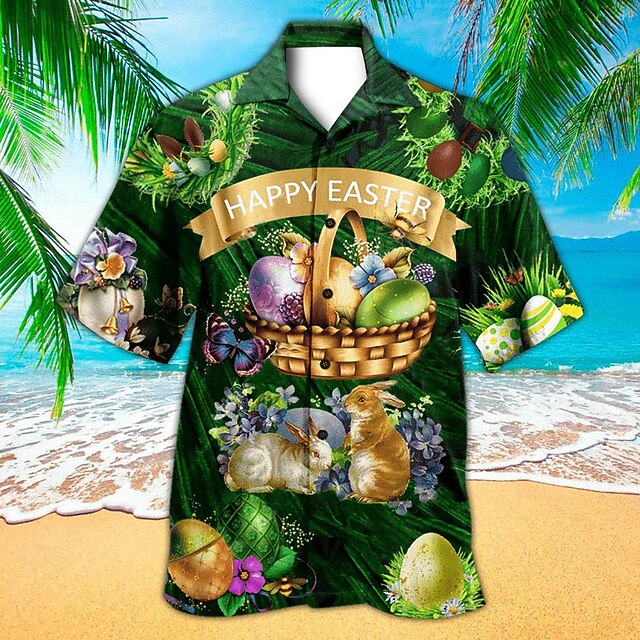 Easter Men's Bunny Egg Happy Easter Shirt Cuban Collar Shirt Short Sleeve Vintage Retro Vacation Holiday Festival Summer Spring Camp Collar Shirt 3D Print Dark Green4