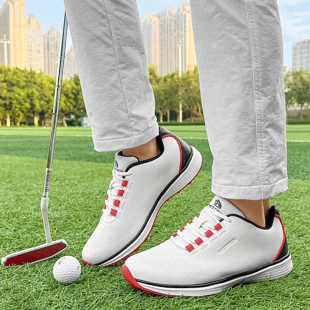  Herren Performance Golf Sneaker in Weiß mit roten Schnürsenkeln, atmungsaktive Mikrofaser, ideal für Amateurgolfer