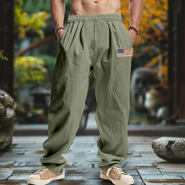  Men's Linen Pants Trousers Summer Pants Baggy Pants Beach Pants Drawstring Elastic Waist Straight Leg Plain Comfort Breathable Full Length Outdoor Casual Daily Fashion Retro Vintage Black Navy Blue
