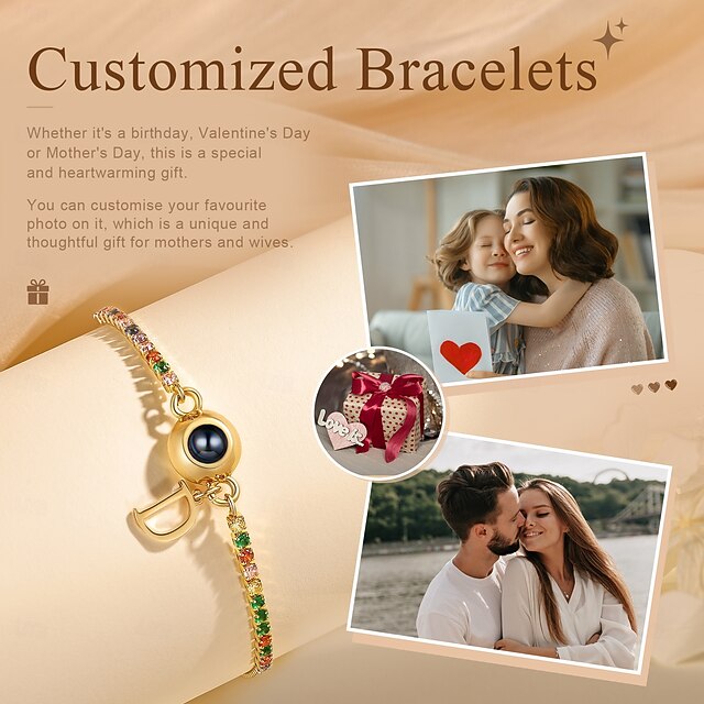 Bracelet Photo Personnalisable Pour Femme – Pendentif Rond Avec Photo, Acier Inoxydable, Longueur Réglable 6.2-8.2 Pouces