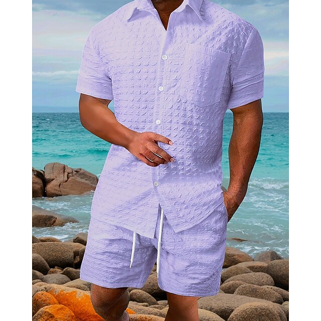 Men's T-shirt Suits 2 Pieces Outfits Tee & Shorts Short Sleeve Shirt Collar Summer Plain Fashion Casual 2 Piece Vacation Daily Wear Going out White khaki Top Tee for Men3