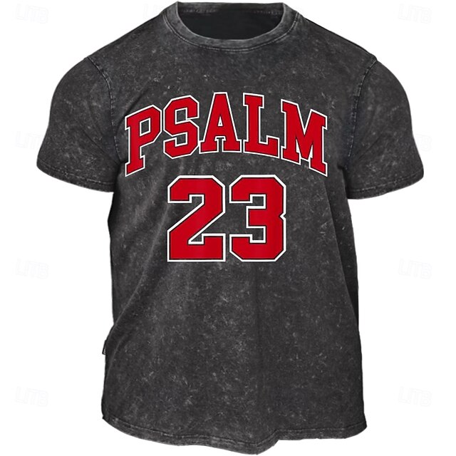 Men's PSALM 23 Religious Graphic T-Shirt Red Lettering Faith Scripture Short Sleeve Stone Wash4
