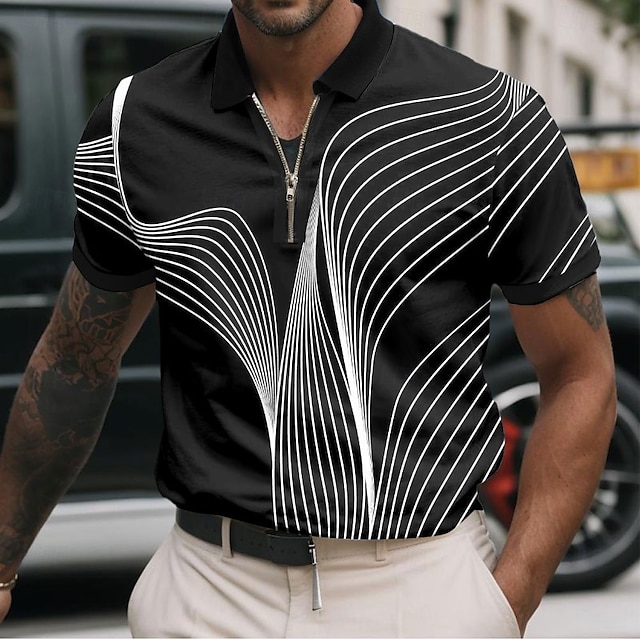  Herren Geometrisch Linie Poloshirts mit Reißverschluss Kurzarm Polo-Shirts Hemden mit Kragen Business-Casual Geschäft Athleisure Büro-Outfit Alltagskleidung 3D-Druck Sommer Schwarz Weiß