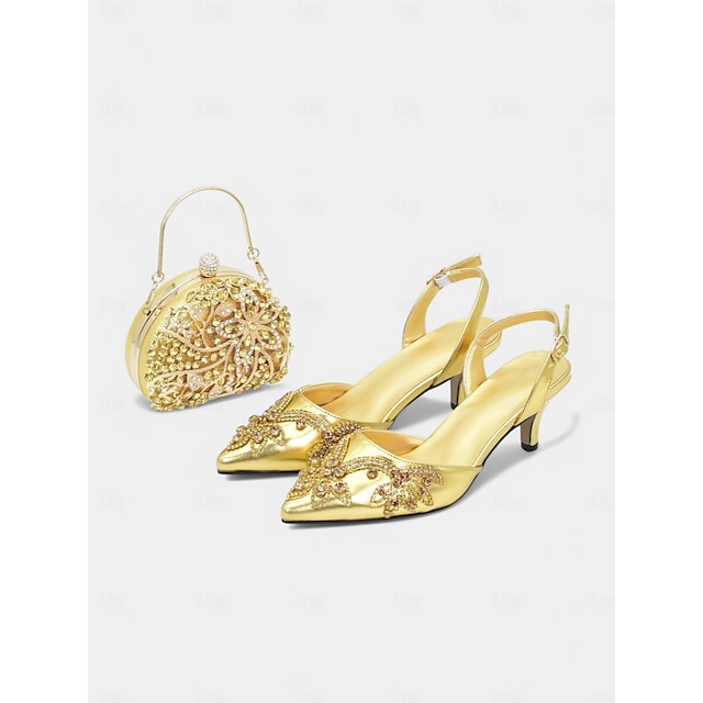  Tocuri slingback decorate cu aur și geantă de mână asortată – pantofi de nuntă și petrecere de lux pentru femei