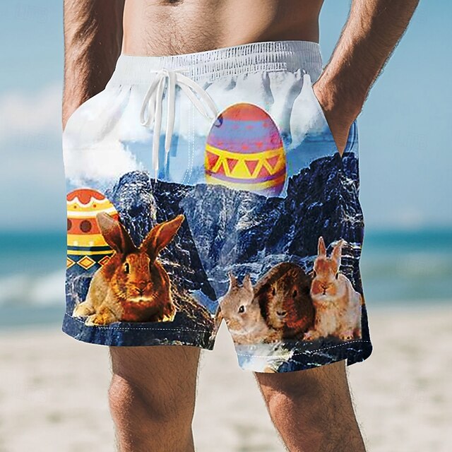 Easter Men's Bunny Easter Eggs Swim Trunks Swim Shorts Board Shorts Mid Waist Hawaiian Holiday Festival Drawstring Mesh Lining Elastic Waist Designer Clothing Apparel4