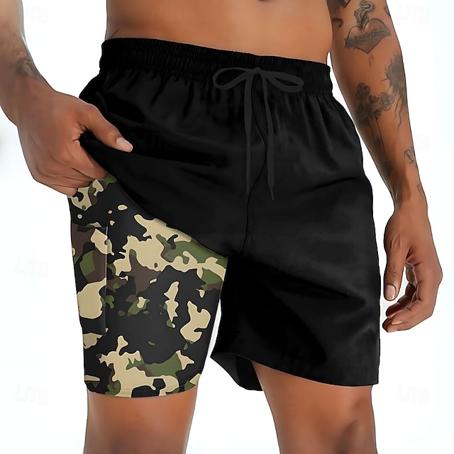  Men's Camouflage Lined Shorts 2 in 1 Board Shorts Swim Shorts Mid Waist Hawaiian Vacation Holiday Beach Wear Side Pockets With Compression Liner Elastic Drawstring Waist Designer Clothing Apparel