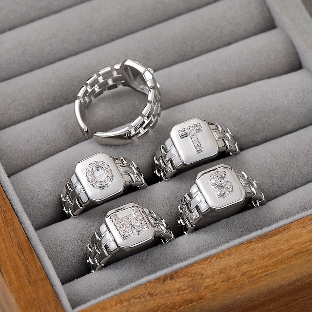  Personalized Letter Ring, Gift for Mom, Copper with Zircon Alphabet Ring, Vintage-Style Chain Design, Adjustable Open Band, Minimalist Aesthetic Jewelry for Women