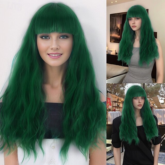  Perucas sintéticas Ondulado Trama Curly Corte em Camadas Com Franjas Fabrico à Máquina Peruca 16 polegadas A1 Cabelo Sintético Mulheres Clássico Confortável Cores Gradiente Verde