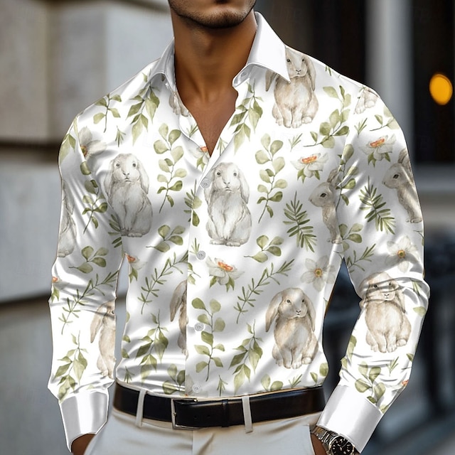  Ostern Herren Hase Lily Blumen Satinhemd Kleidhemd Knopfhemd Langarm Modisch lässig Urlaub Ferien Sommer Frühling Umlegekragen Hemden mit Kragen 3D-Druck Weiß