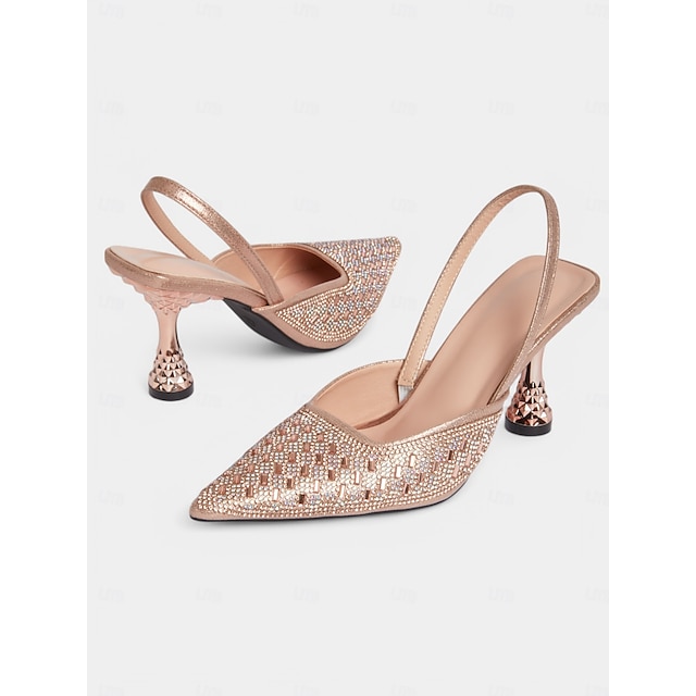  Sapatos femininos de salto alto com strass e salto geométrico em ouro rosa – sapatos luxuosos para noite e encontros