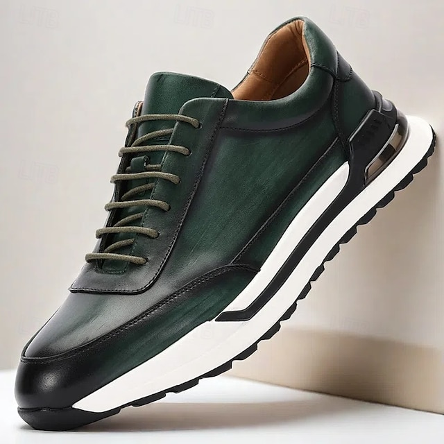  Men's Premium Cowhide Athletic Shoes in Dark Green & Black, Stylish Sporty Design for Casual & Active Wear